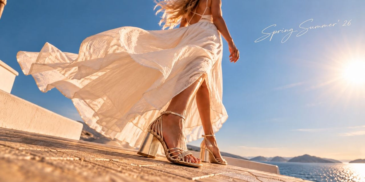 Welora Spring Summer 26 — gold strappy heeled sandals by the sea