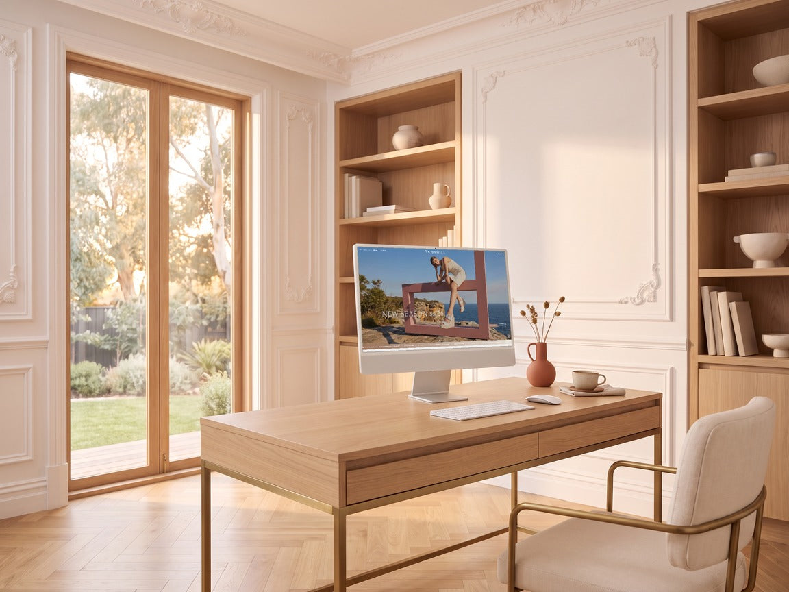 Bright home office with a computer on a wooden desk — shop Welora online