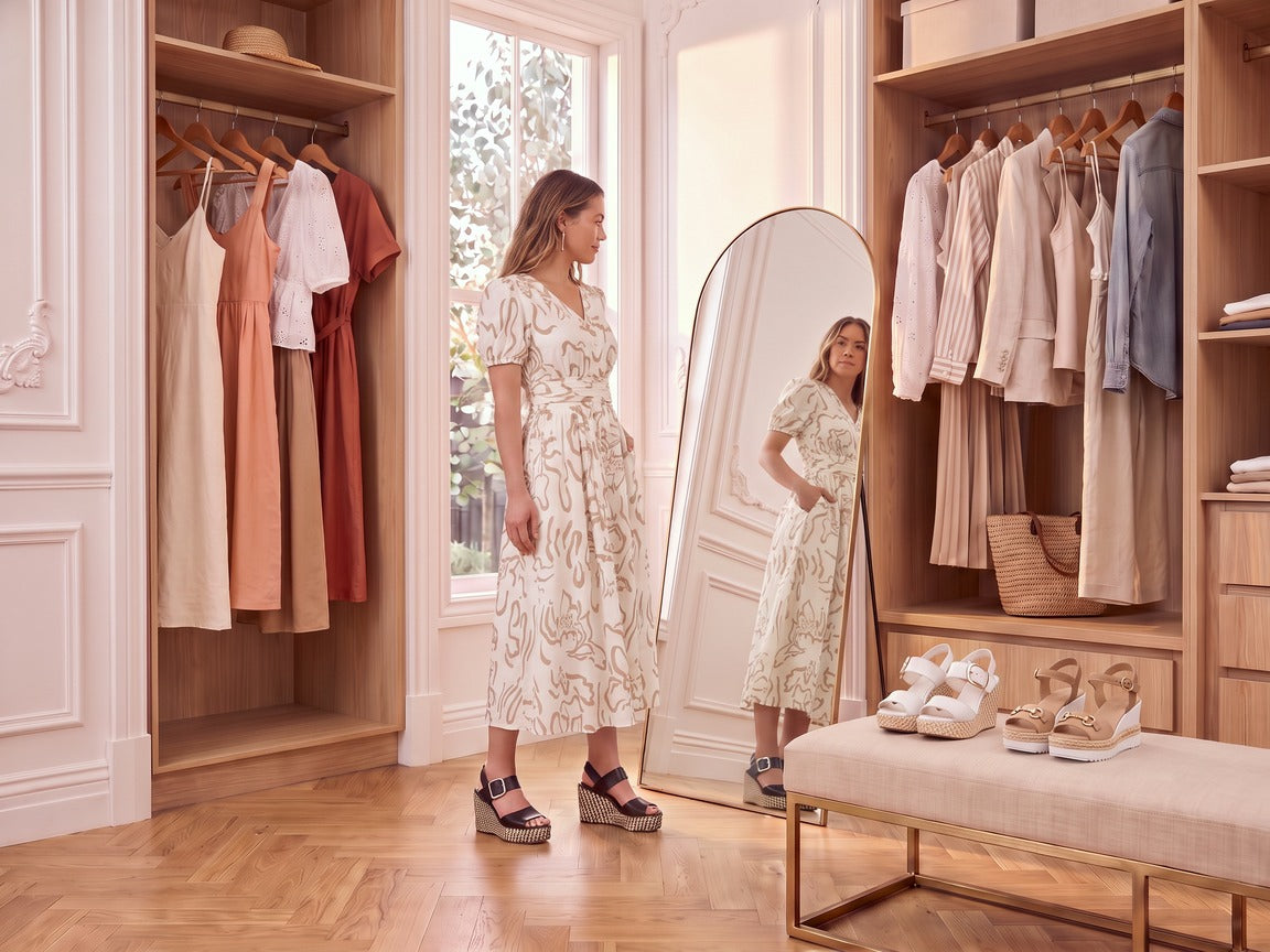 Two women trying on Welora shoes in a walk-in wardrobe at home