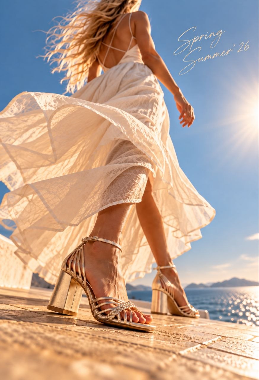Welora Spring Summer 26 — gold strappy heeled sandals by the sea