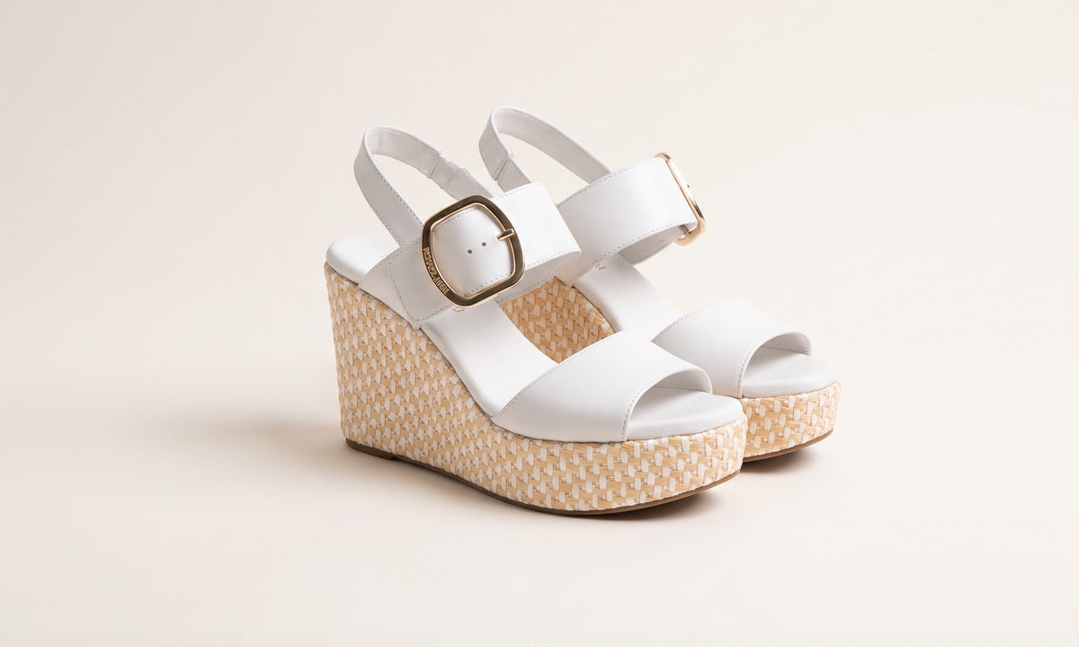 One pair: white leather wedge sandal — Home Try-On