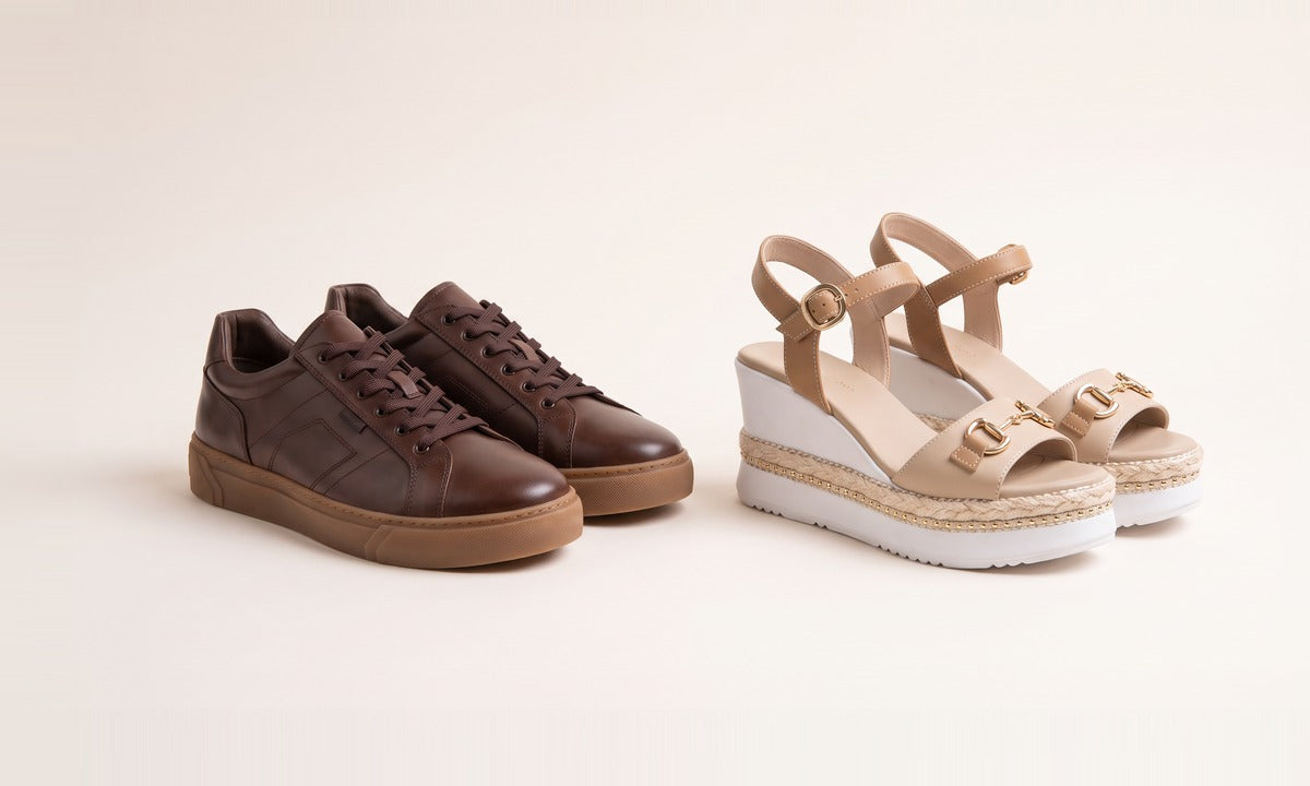 Two pairs: brown leather sneakers and beige wedge sandals — Home Try-On