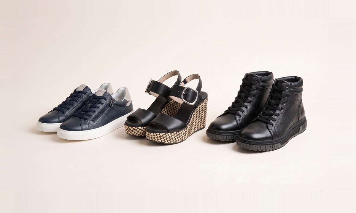 Three pairs: navy sneakers, black wedge sandals and black high-top sneakers — Home Try-On